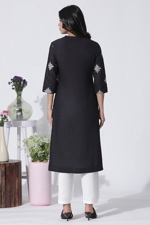 Black Cotton Flax Embroidered Kurta And Pants Set