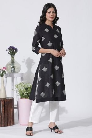 Black Cotton Flax Embroidered Kurta And Pants Set