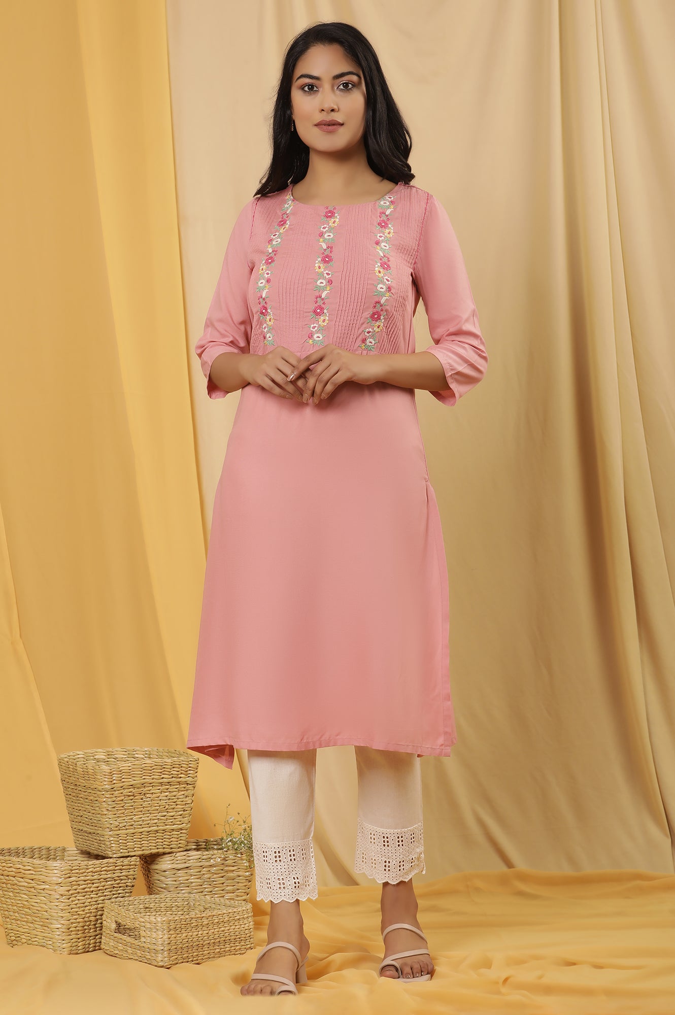 Pink Embroidered Kurta And Pants Set