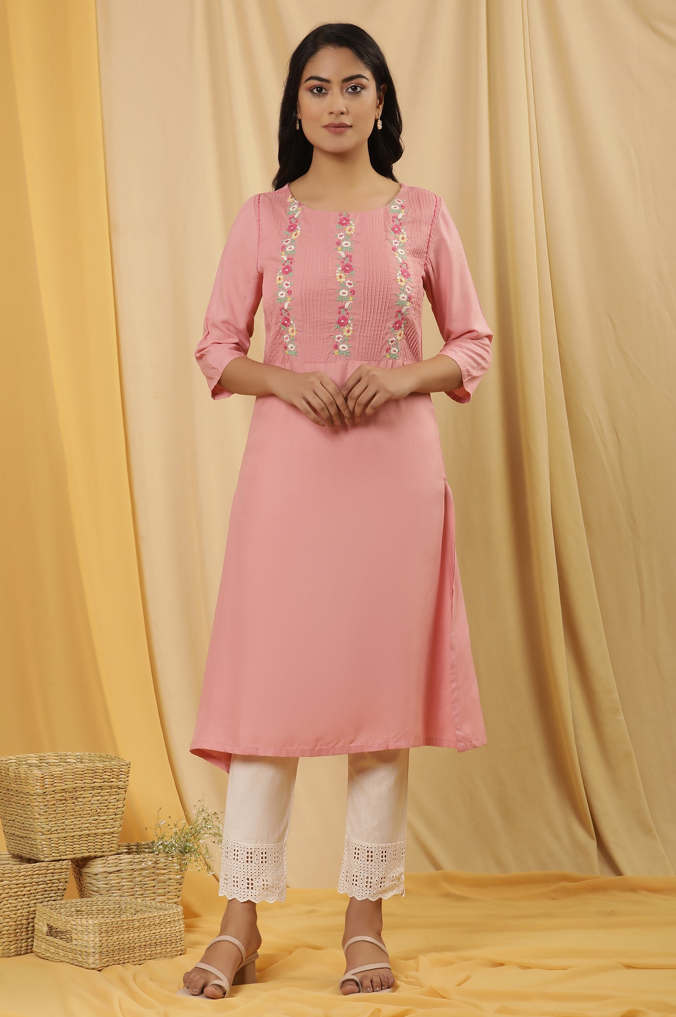 Pink Embroidered Kurta And Pants Set