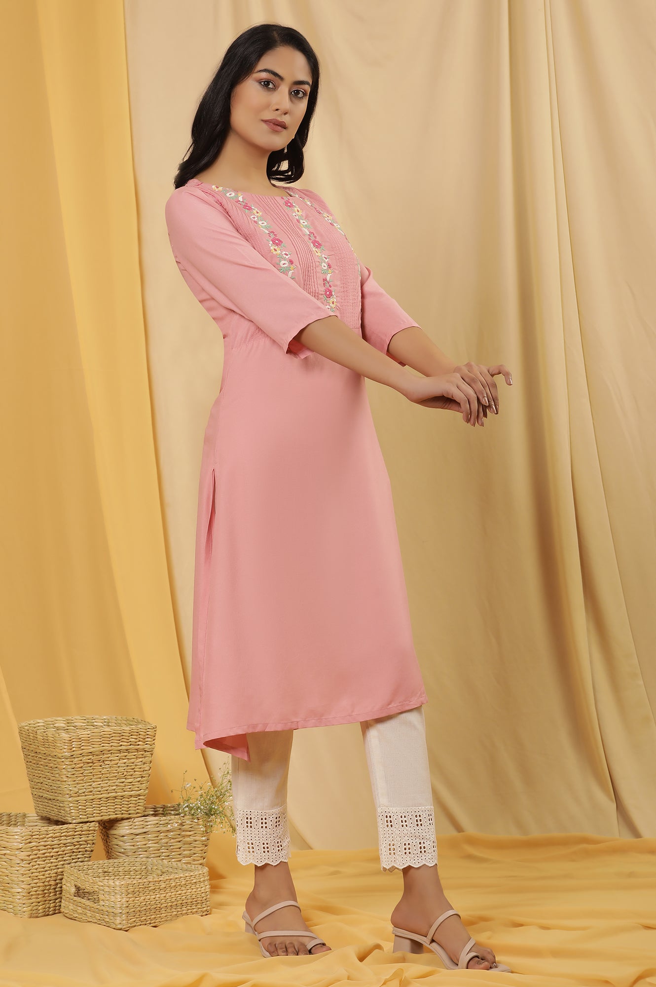 Pink Embroidered Kurta And Pants Set