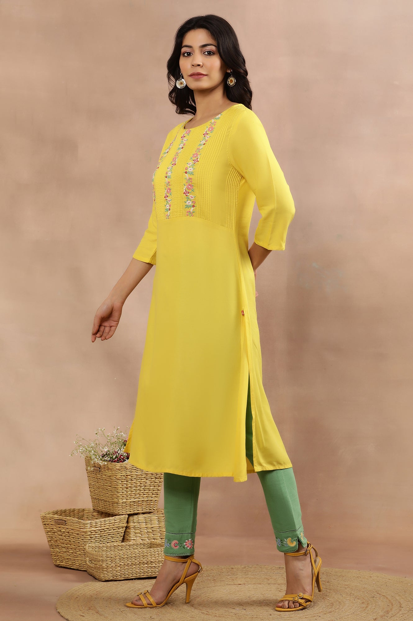 Yellow Embroidered Straight Kurta And Pants Set