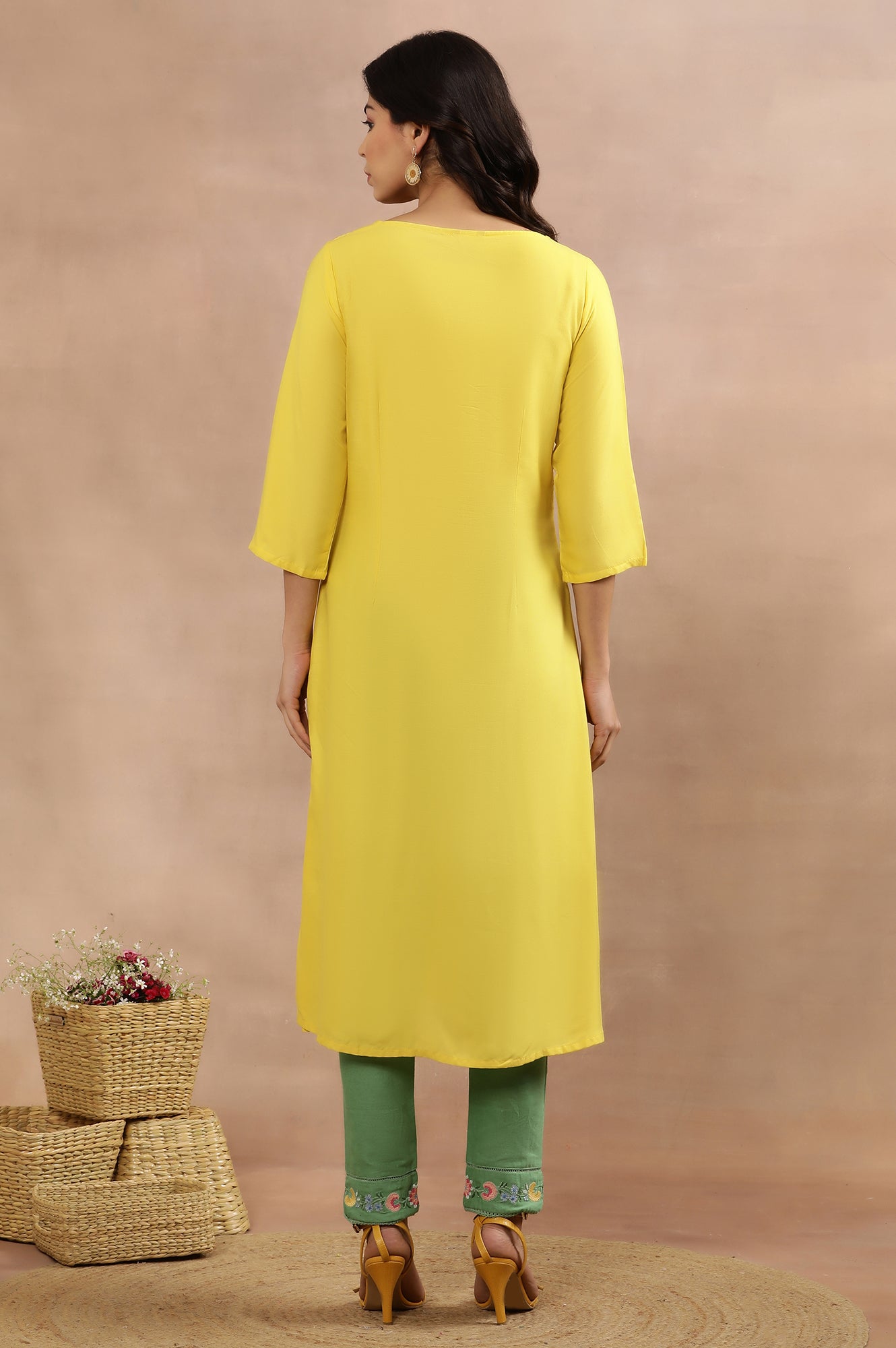 Yellow Embroidered Straight Kurta And Pants Set