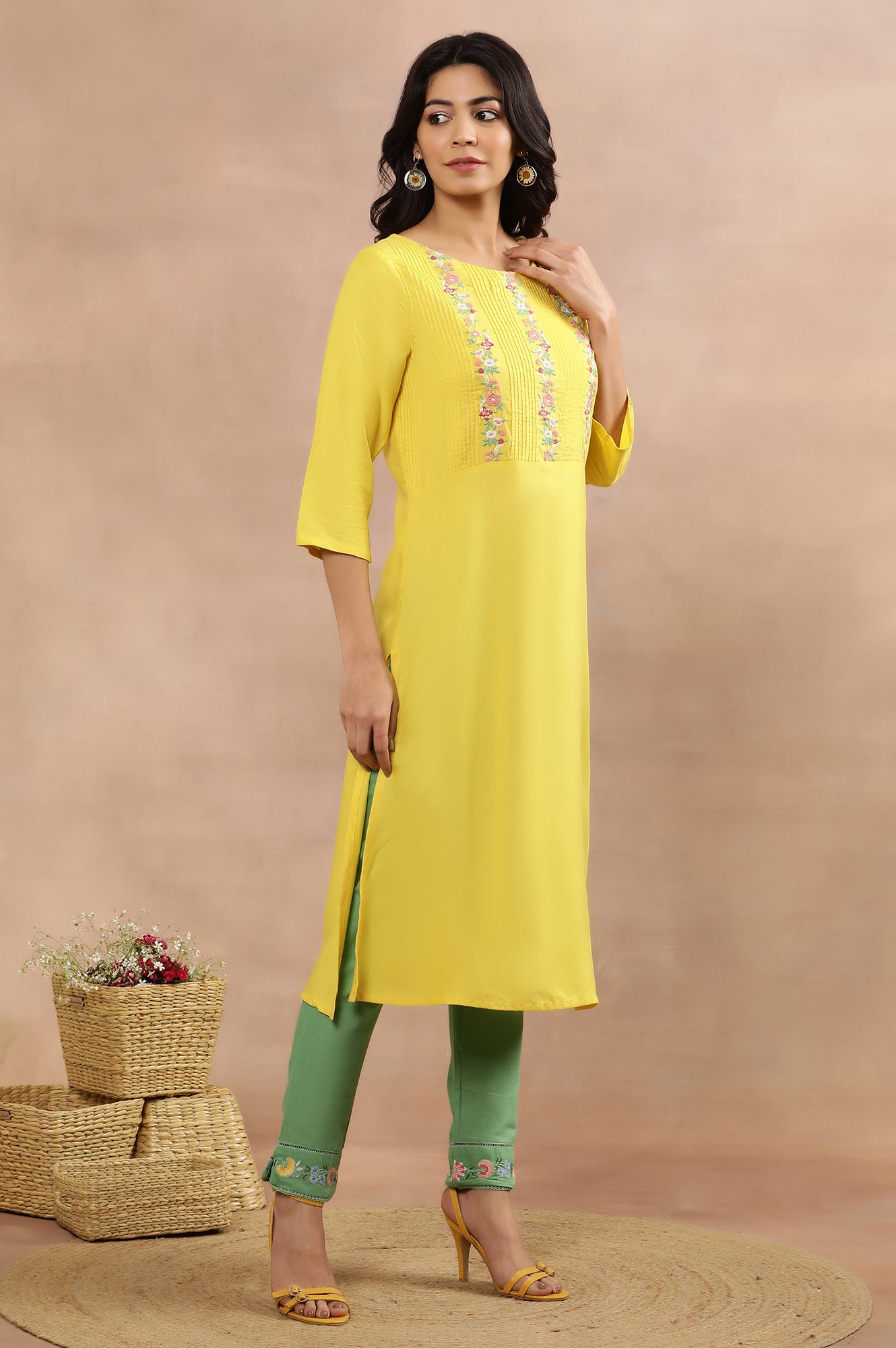 Yellow Embroidered Straight Kurta And Pants Set