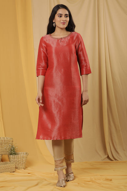 Red Embellished Dobby Kurta And Gold Slim Pants