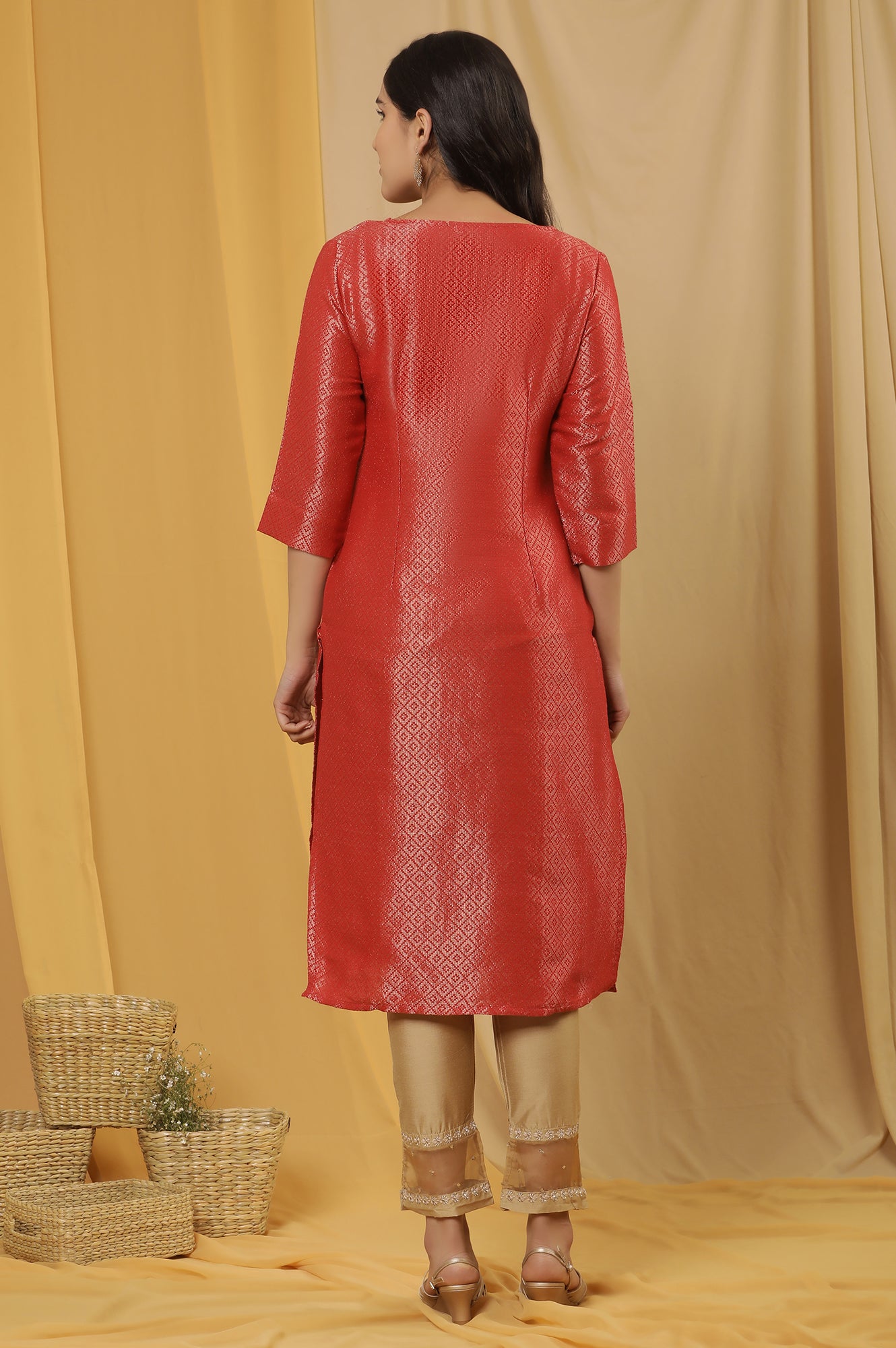 Red Embellished Dobby Kurta And Gold Slim Pants