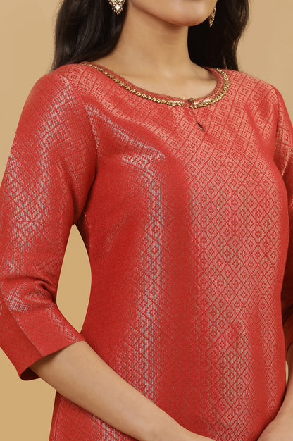 Red Embellished Dobby Kurta And Gold Slim Pants