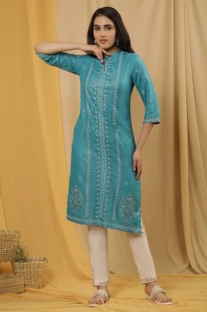 Blue Glitter Printed Kurta And Slim Pants Set