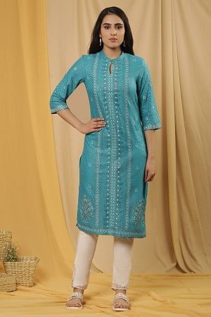 Blue Glitter Printed Kurta And Slim Pants Set