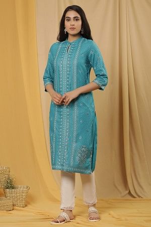 Blue Glitter Printed Kurta And Slim Pants Set