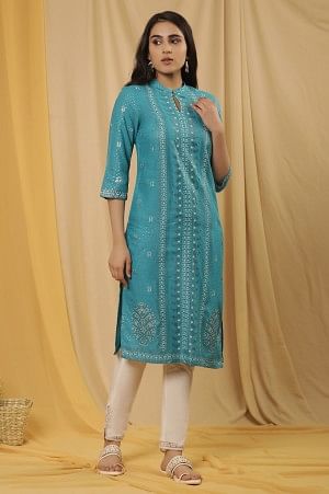 Blue Glitter Printed Kurta And Slim Pants Set