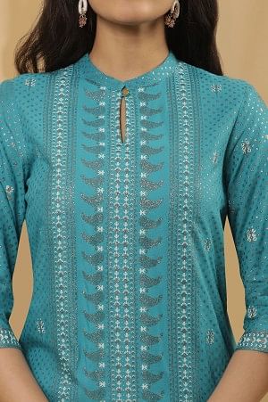 Blue Glitter Printed Kurta And Slim Pants Set