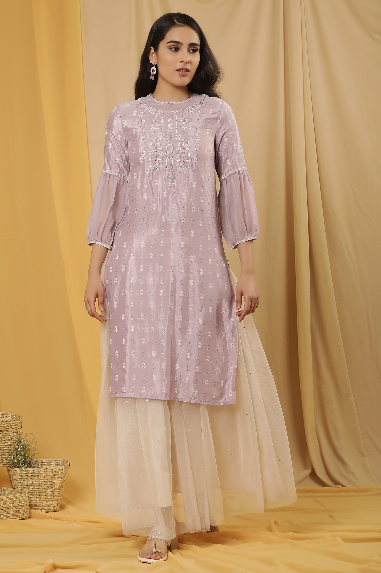 Lavender Shantung Embroidered Kurta And Mesh Skirt Set