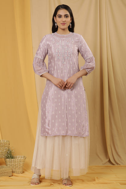 Lavender Shantung Embroidered Kurta And Mesh Skirt Set