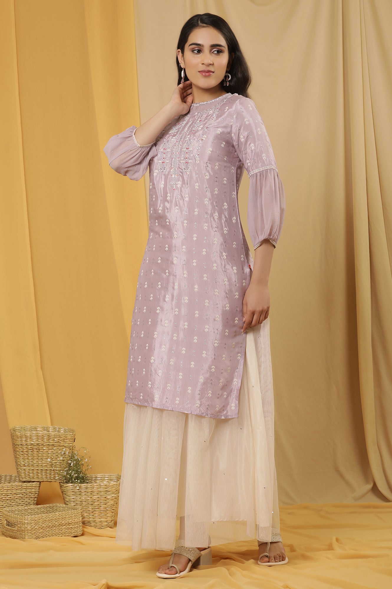 Lavender Shantung Embroidered Kurta And Mesh Skirt Set