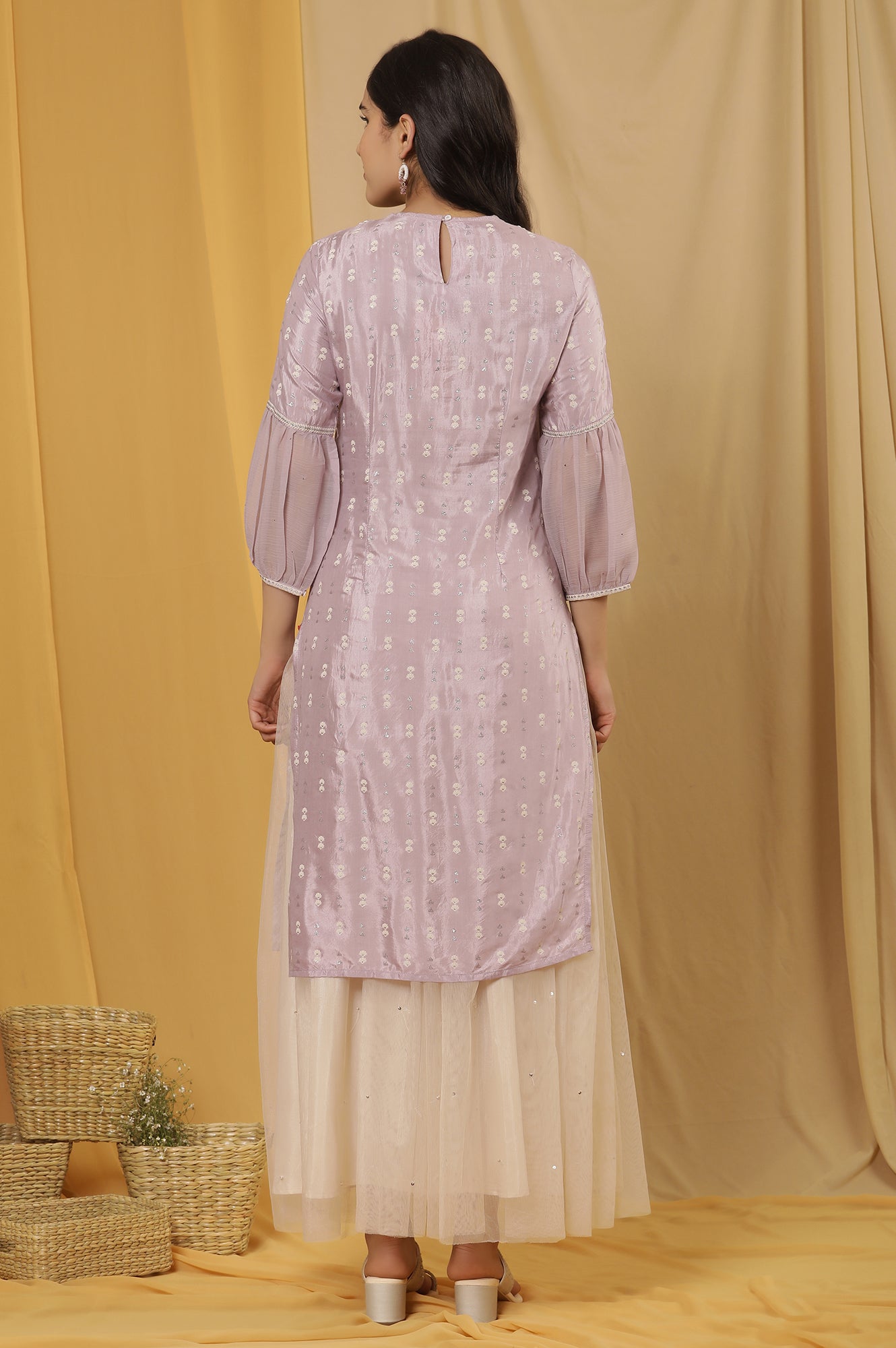 Lavender Shantung Embroidered Kurta And Mesh Skirt Set