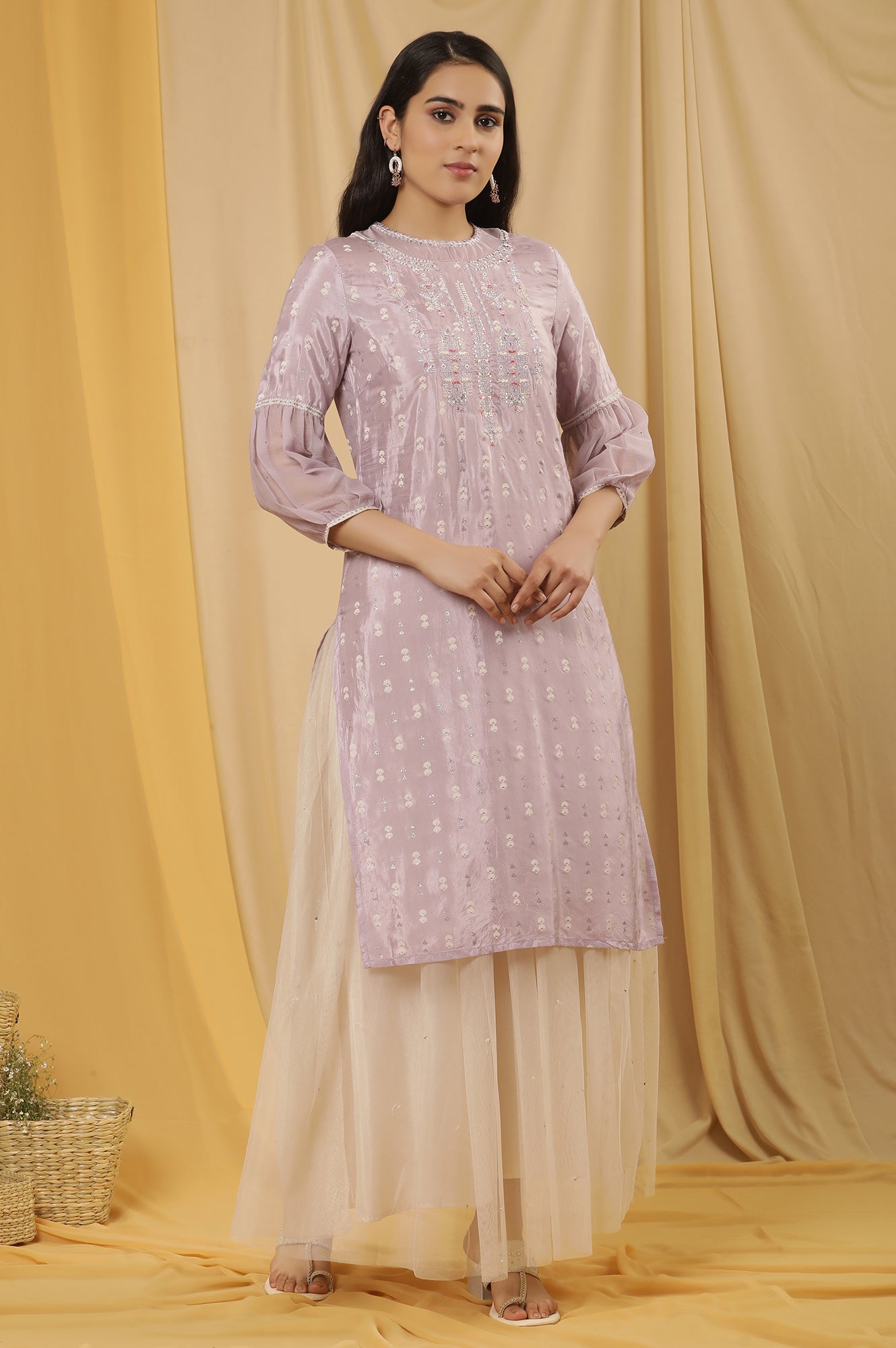 Lavender Shantung Embroidered Kurta And Mesh Skirt Set