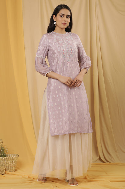 Lavender Shantung Embroidered Kurta And Mesh Skirt Set