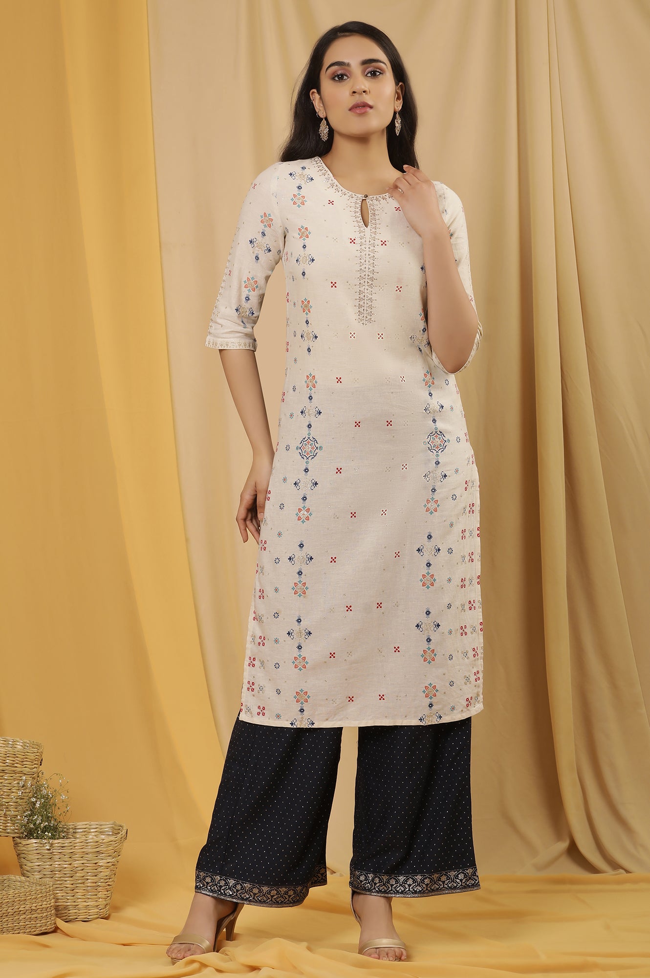 White Printed Straight Kurta And Flared Pants Set