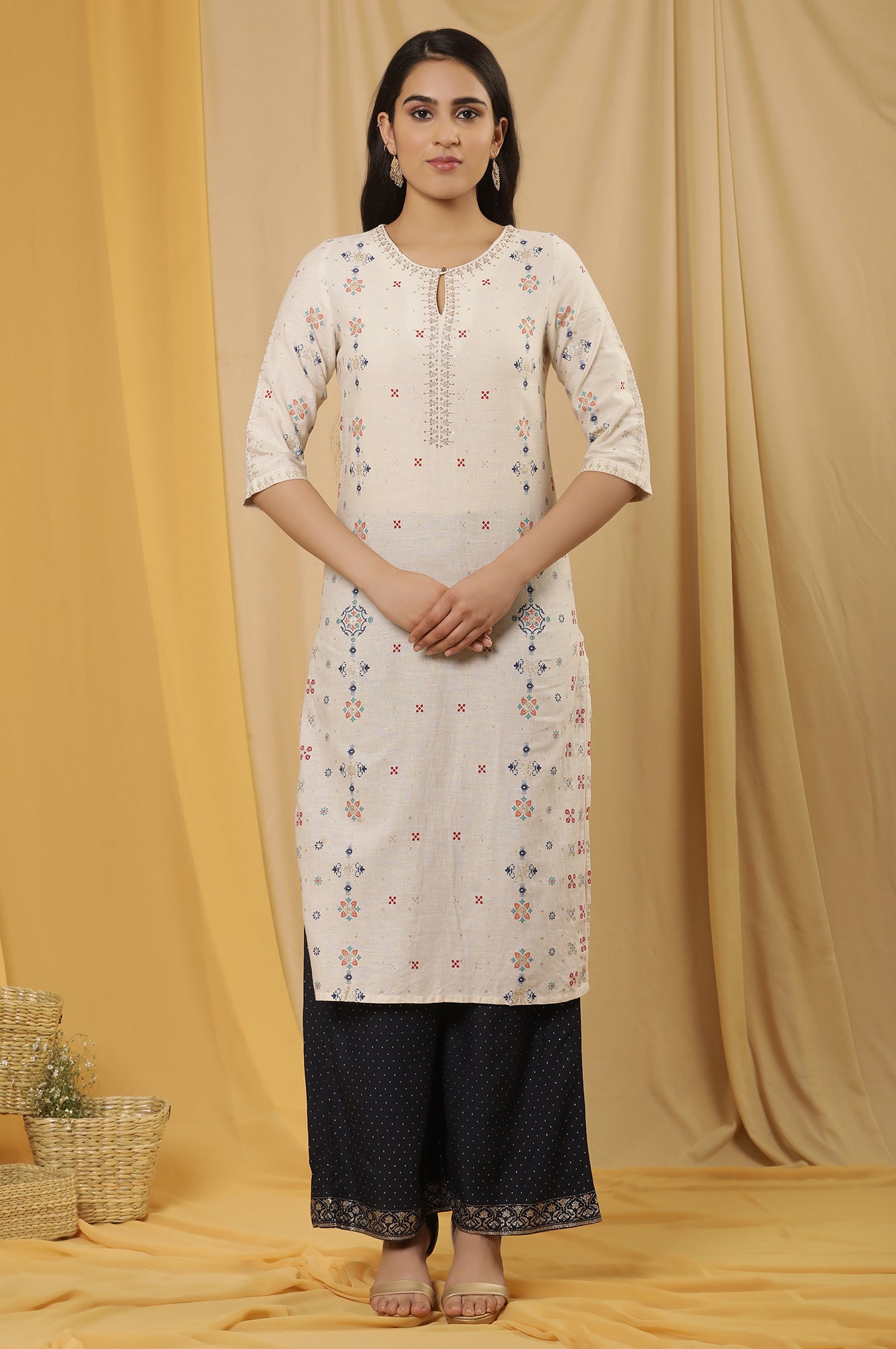 White Printed Straight Kurta And Flared Pants Set