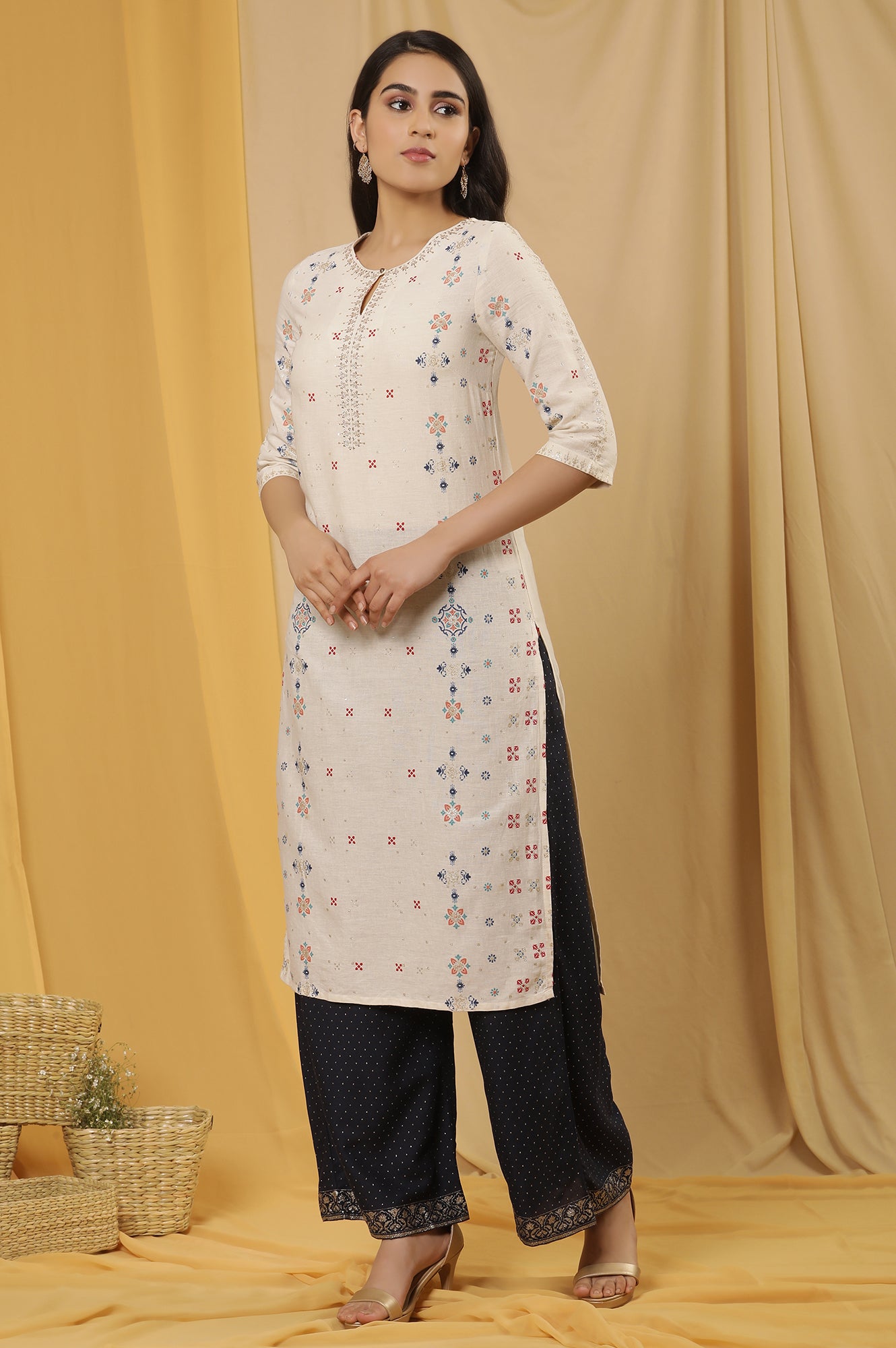 White Printed Straight Kurta And Flared Pants Set