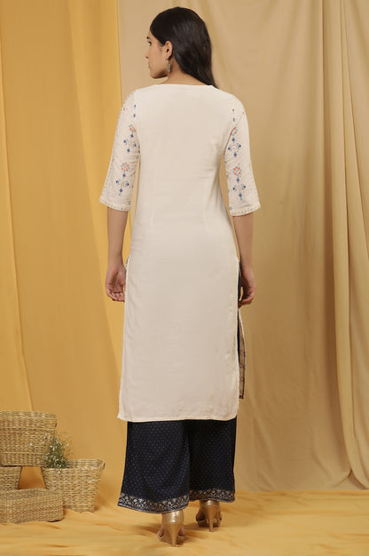 White Printed Straight Kurta And Flared Pants Set