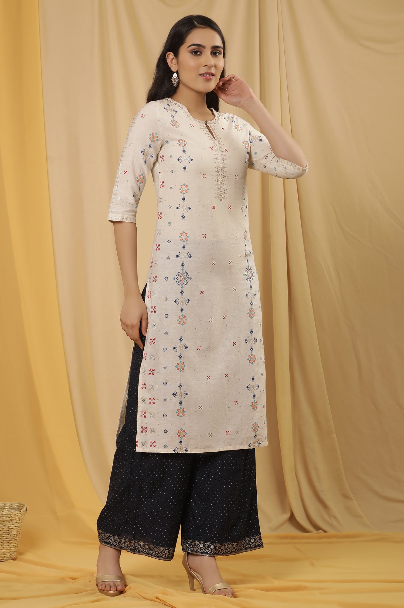 White Printed Straight Kurta And Flared Pants Set