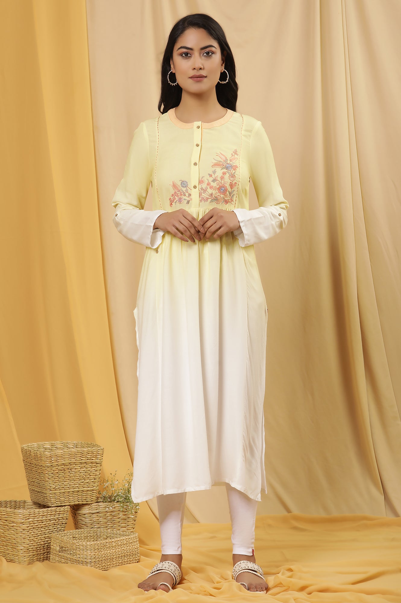 Yellow Ombre Embroidered Kurta And Tights Set