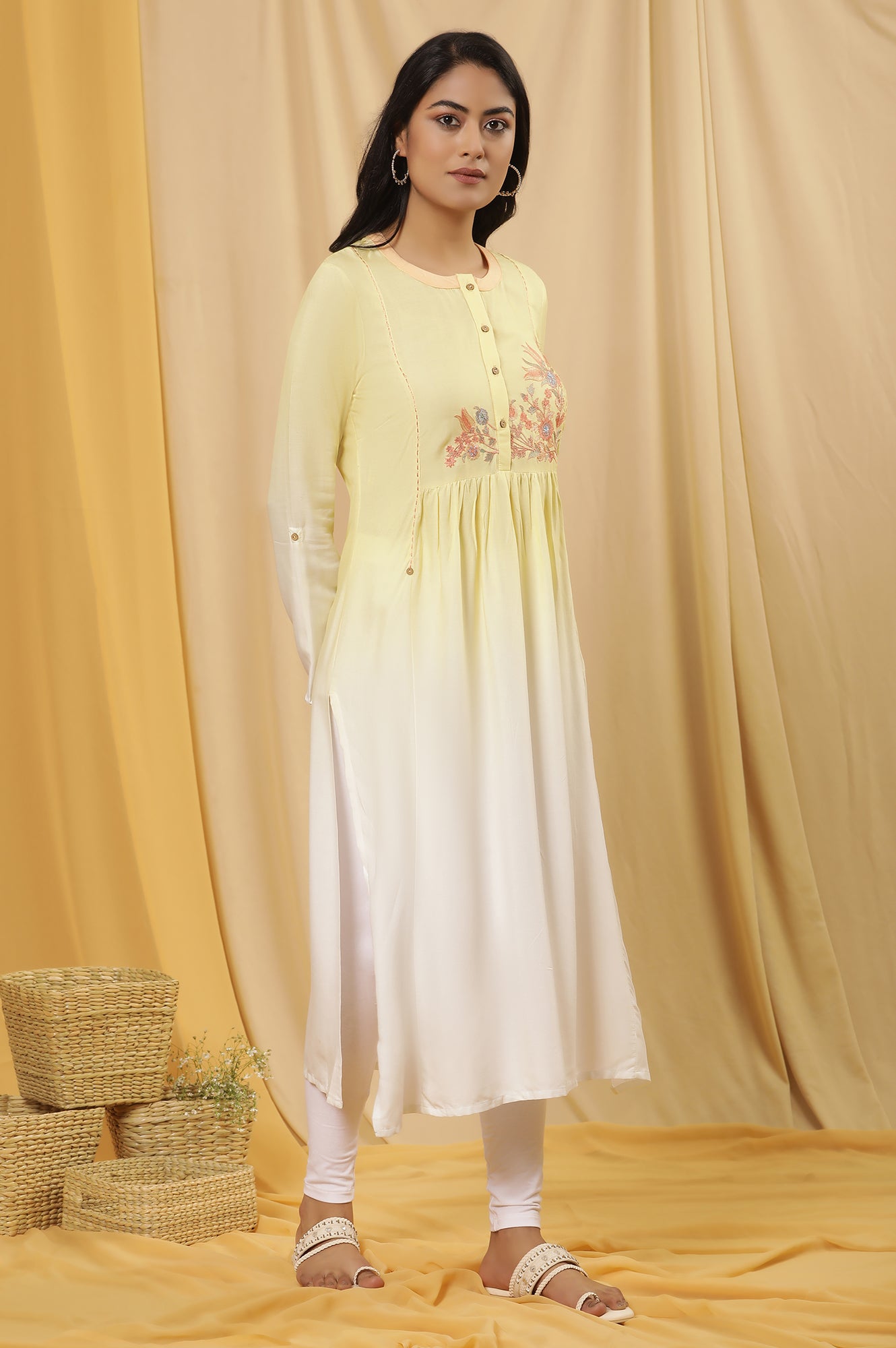 Yellow Ombre Embroidered Kurta And Tights Set