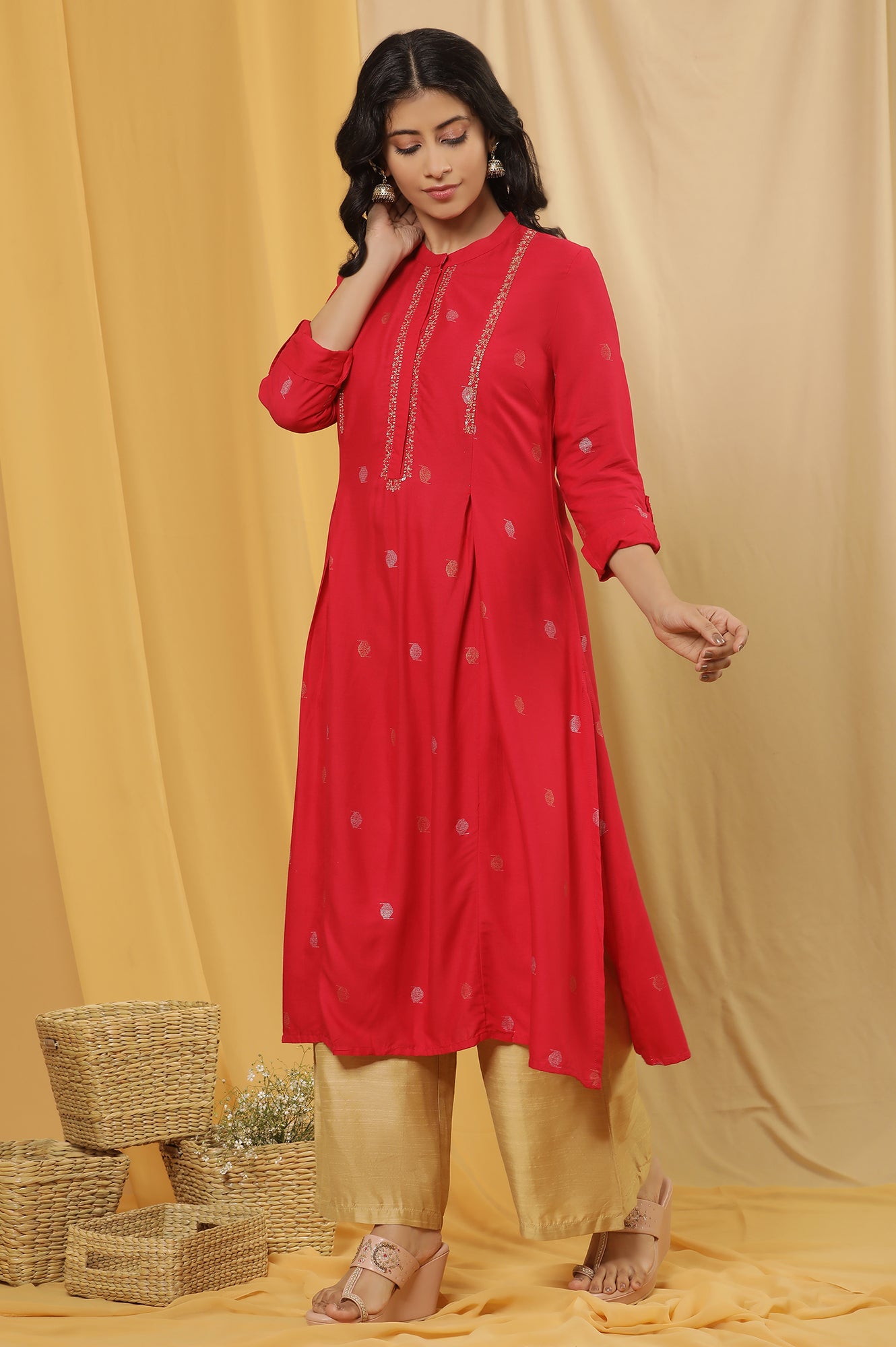 Red Metallic Embroidered Kurta And Pants Set