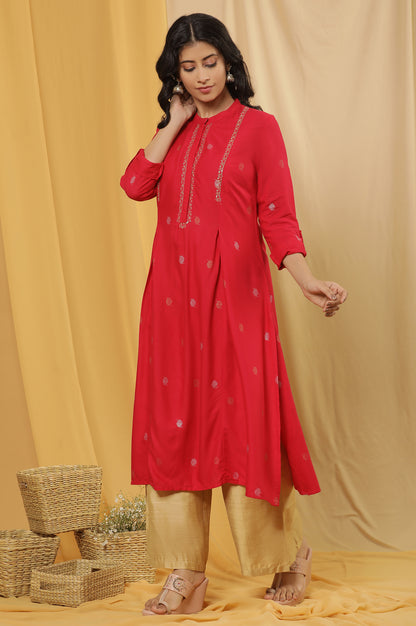 Red Metallic Embroidered Kurta And Pants Set