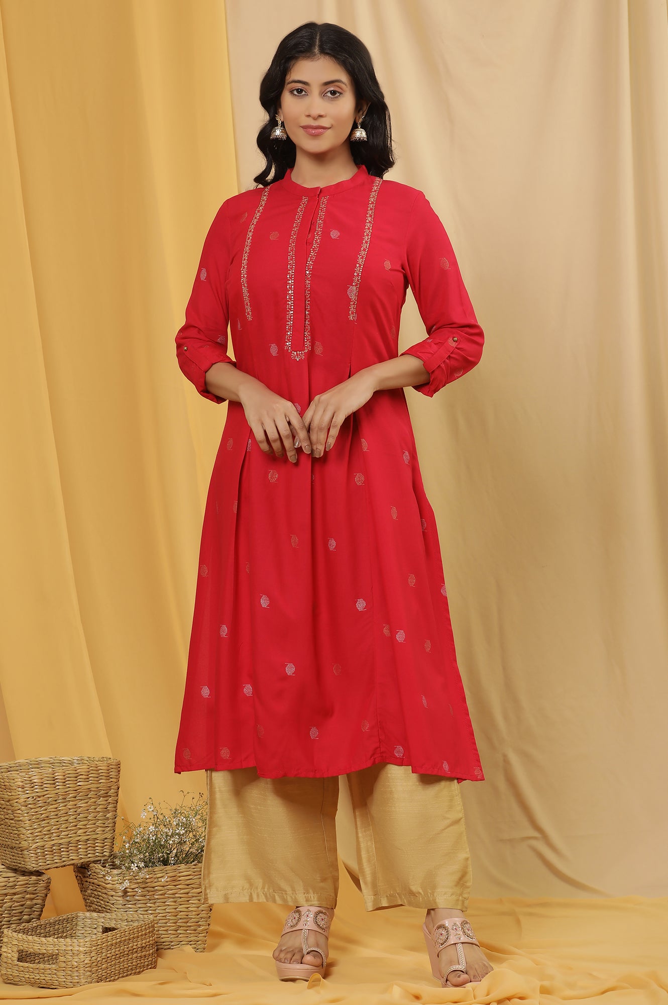 Red Metallic Embroidered Kurta And Pants Set