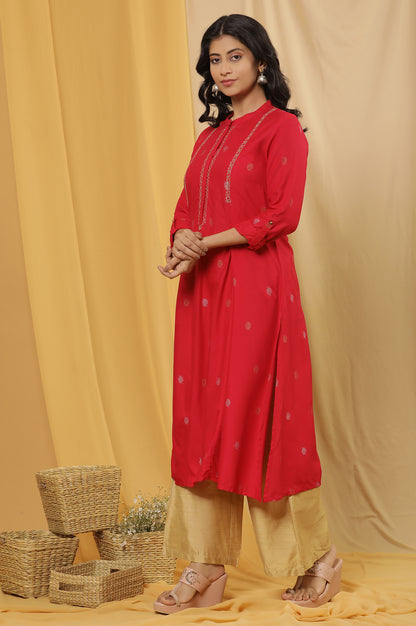 Red Metallic Embroidered Kurta And Pants Set