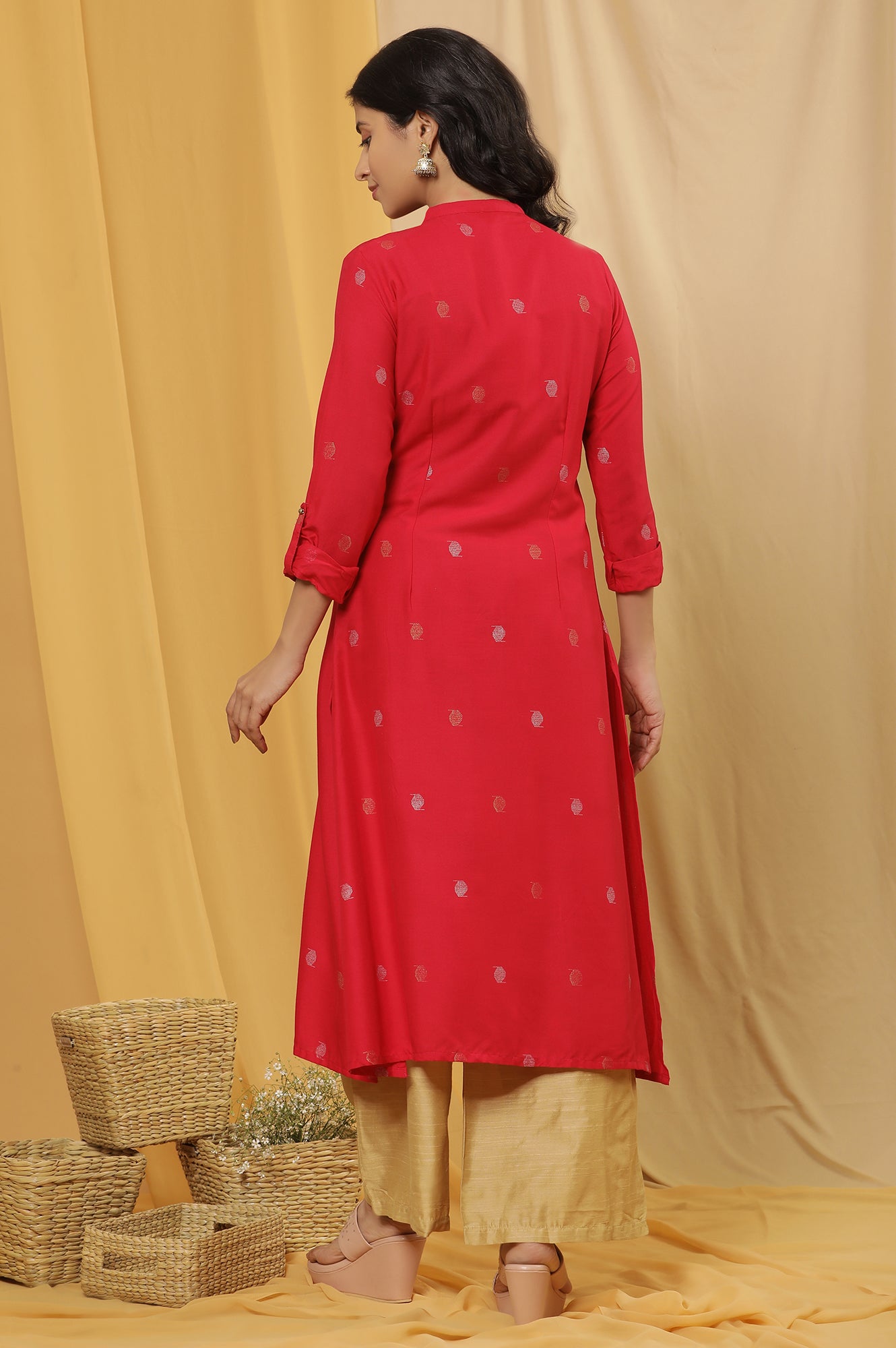 Red Metallic Embroidered Kurta And Pants Set