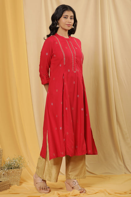 Red Metallic Embroidered Kurta And Pants Set