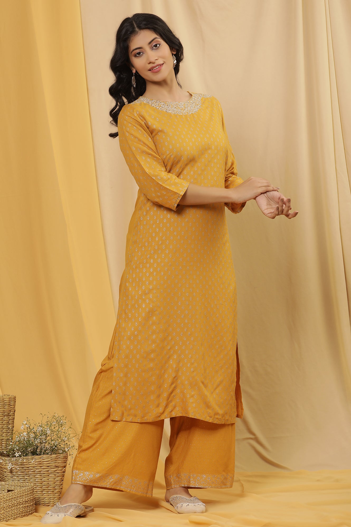 Mustard Glitter Printed Kurta And Parallel Pants