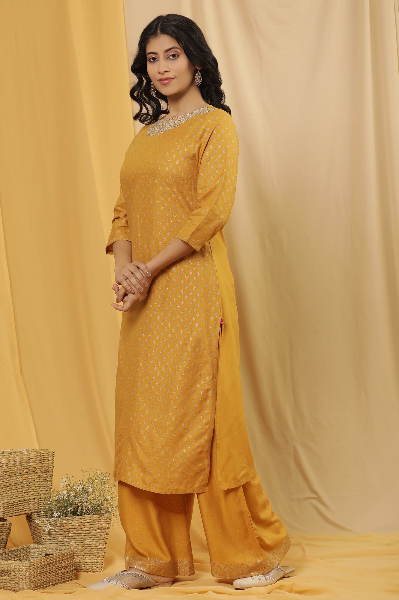 Mustard Glitter Printed Kurta And Parallel Pants