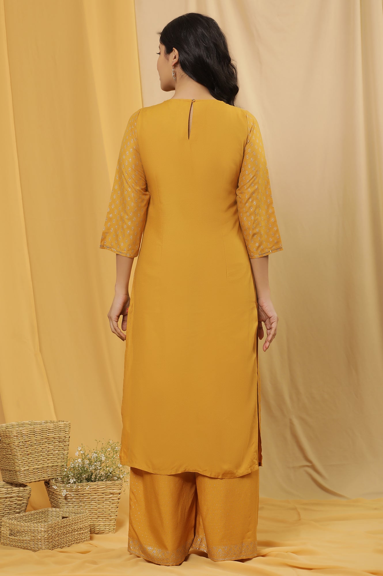 Mustard Glitter Printed Kurta And Parallel Pants