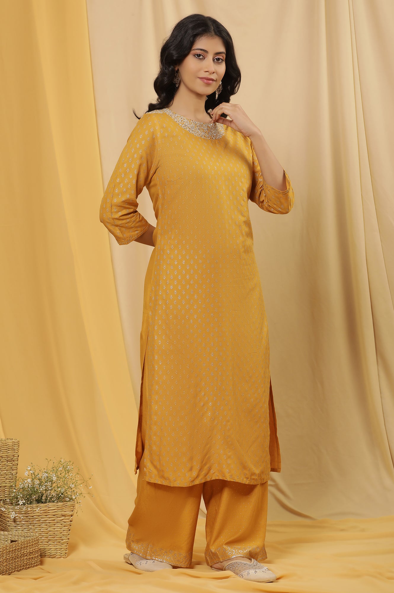 Mustard Glitter Printed Kurta And Parallel Pants