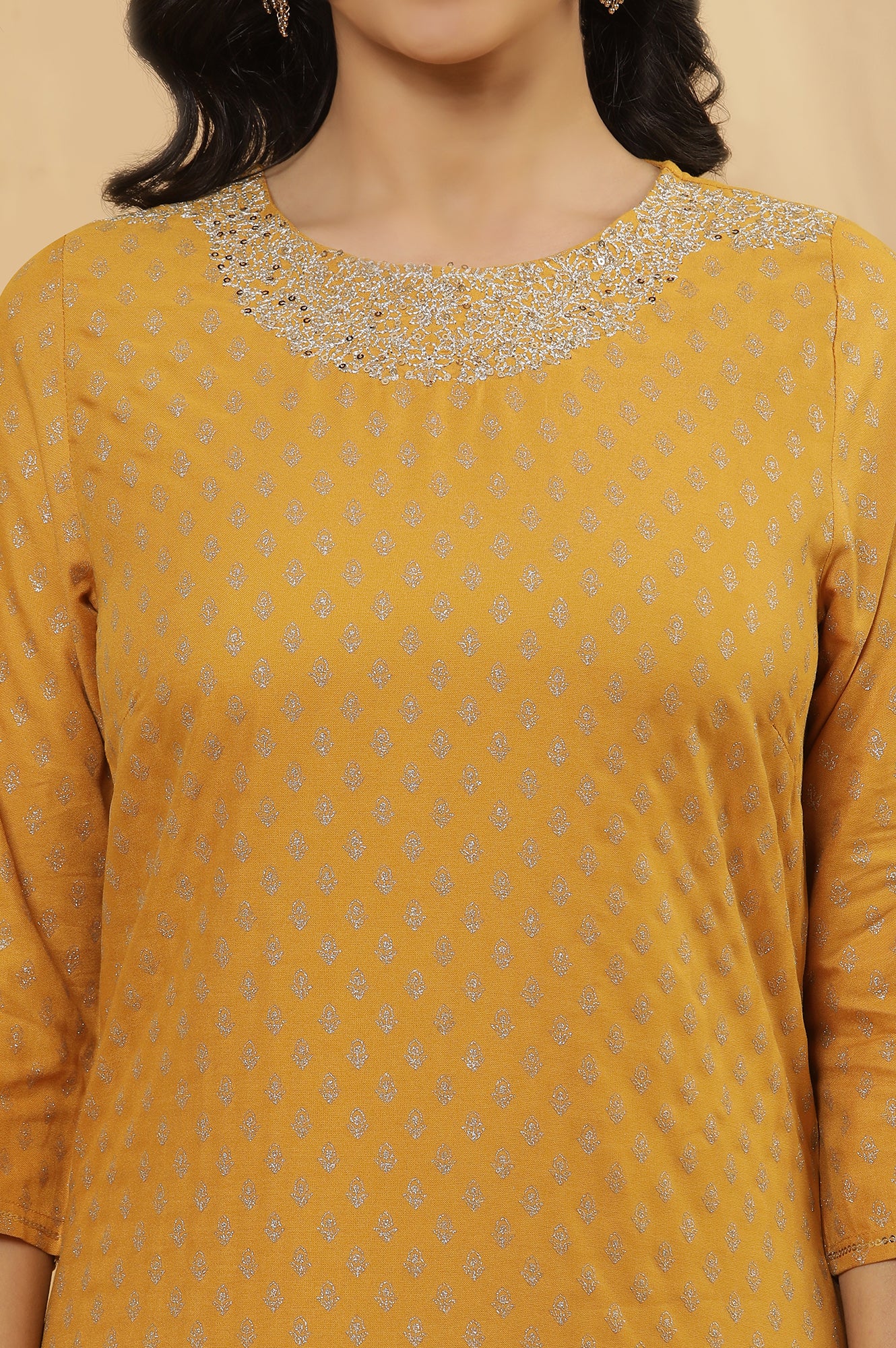 Mustard Glitter Printed Kurta And Parallel Pants