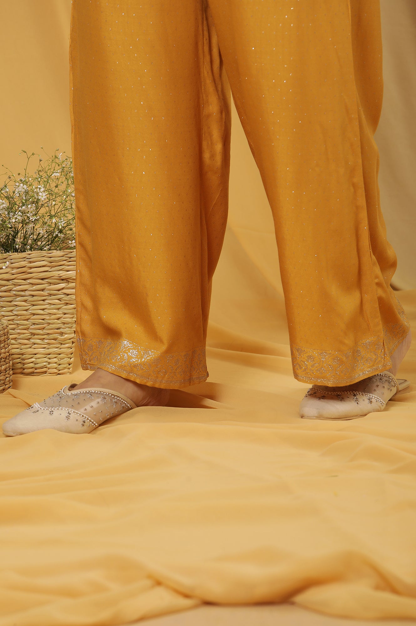 Mustard Glitter Printed Kurta And Parallel Pants