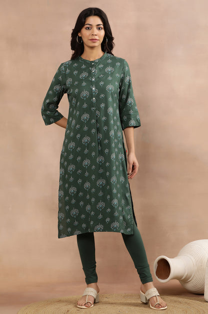 Green Printed Straight Kurta And Tights Set