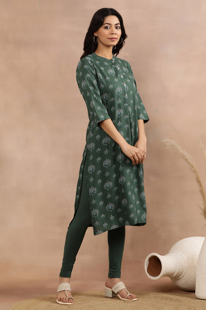 Green Printed Straight Kurta And Tights Set