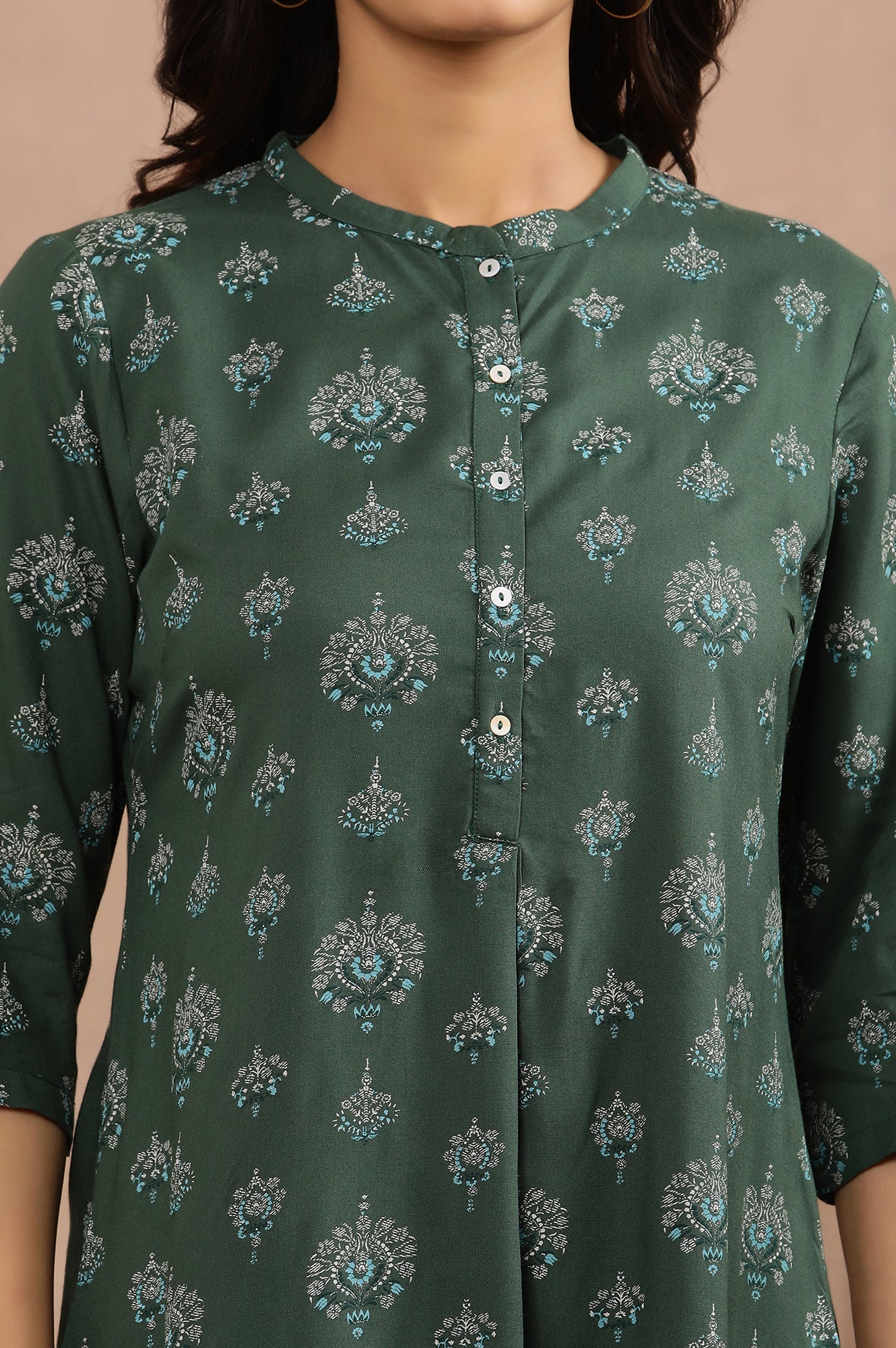 Green Printed Straight Kurta And Tights Set