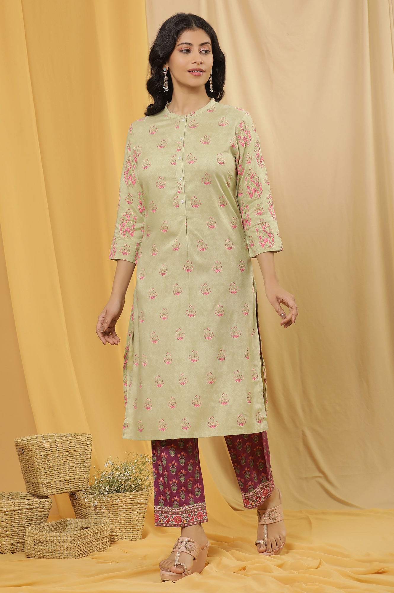 Green Printed Straight Kurta And Purple Pants Set