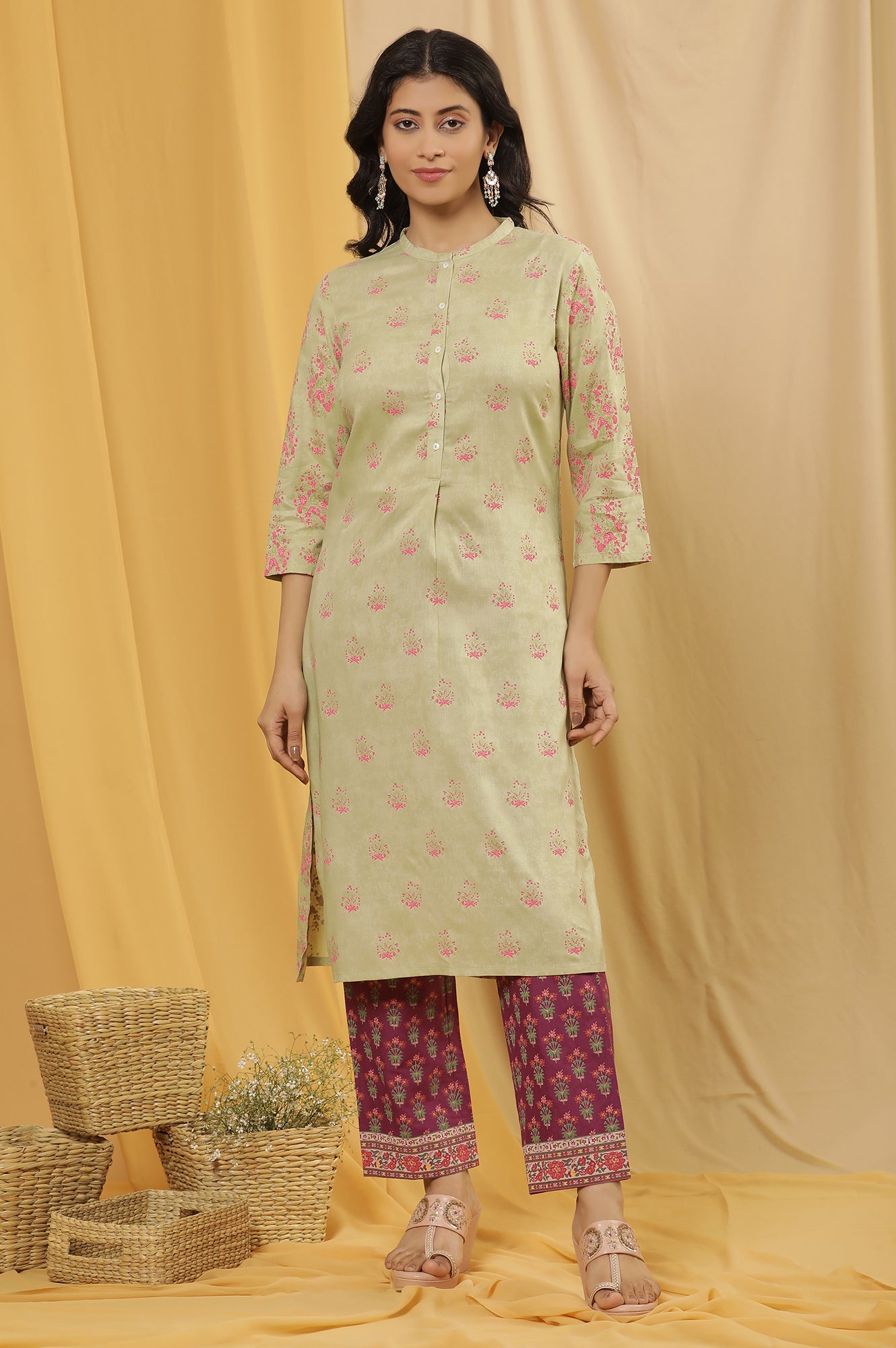 Green Printed Straight Kurta And Purple Pants Set