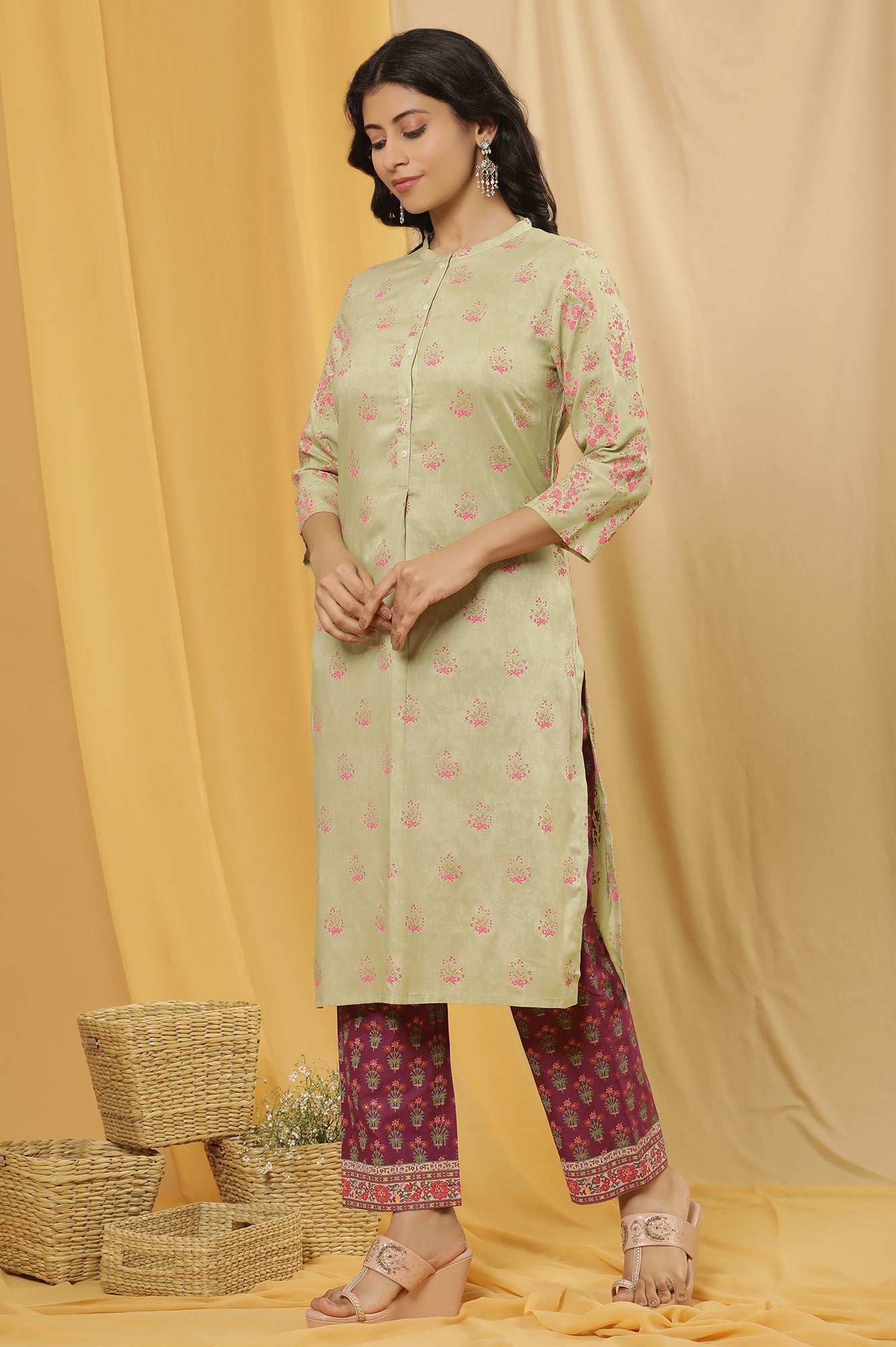 Green Printed Straight Kurta And Purple Pants Set