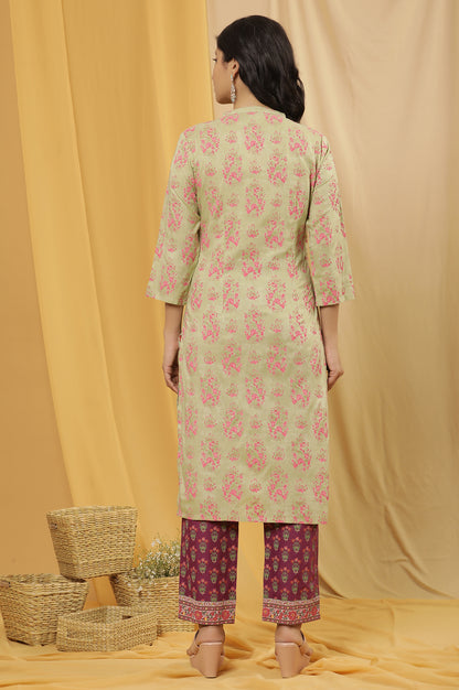 Green Printed Straight Kurta And Purple Pants Set