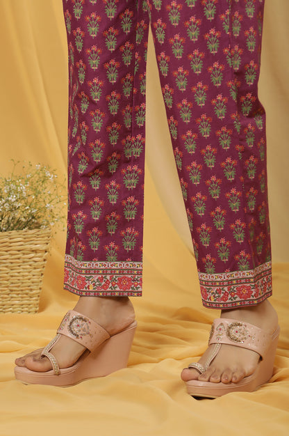 Green Printed Straight Kurta And Purple Pants Set