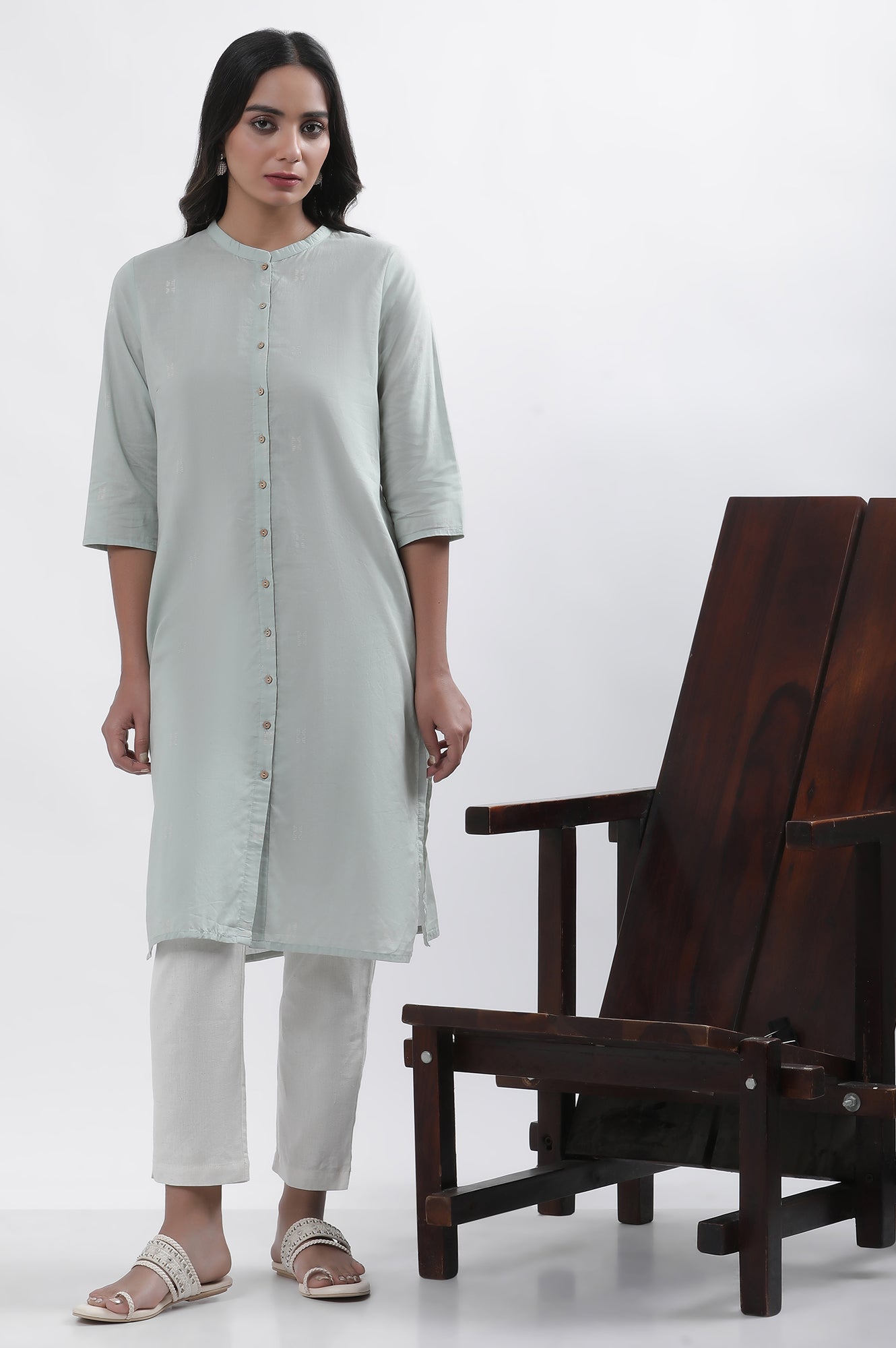 Green Printed Mandarin Collar Kurta And Pants Set